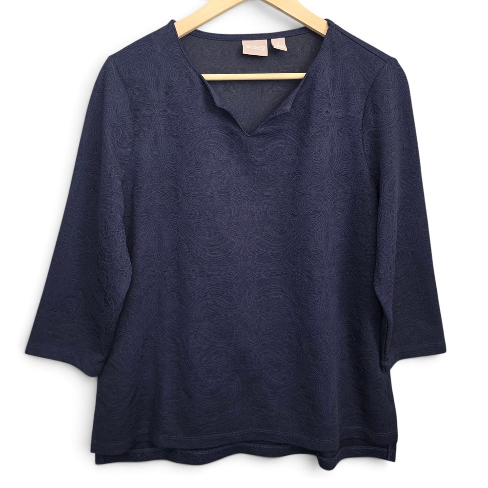 Chicos Top Womens 1 US Medium Navy Blue V Neck 3/4 Sleeve Blouse Casual